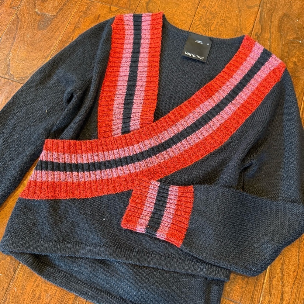 Anthropologie C/MEO Collective Faux Wrap Pink Red Navy Knit V Neck Sweater XS - Picture 6 of 8